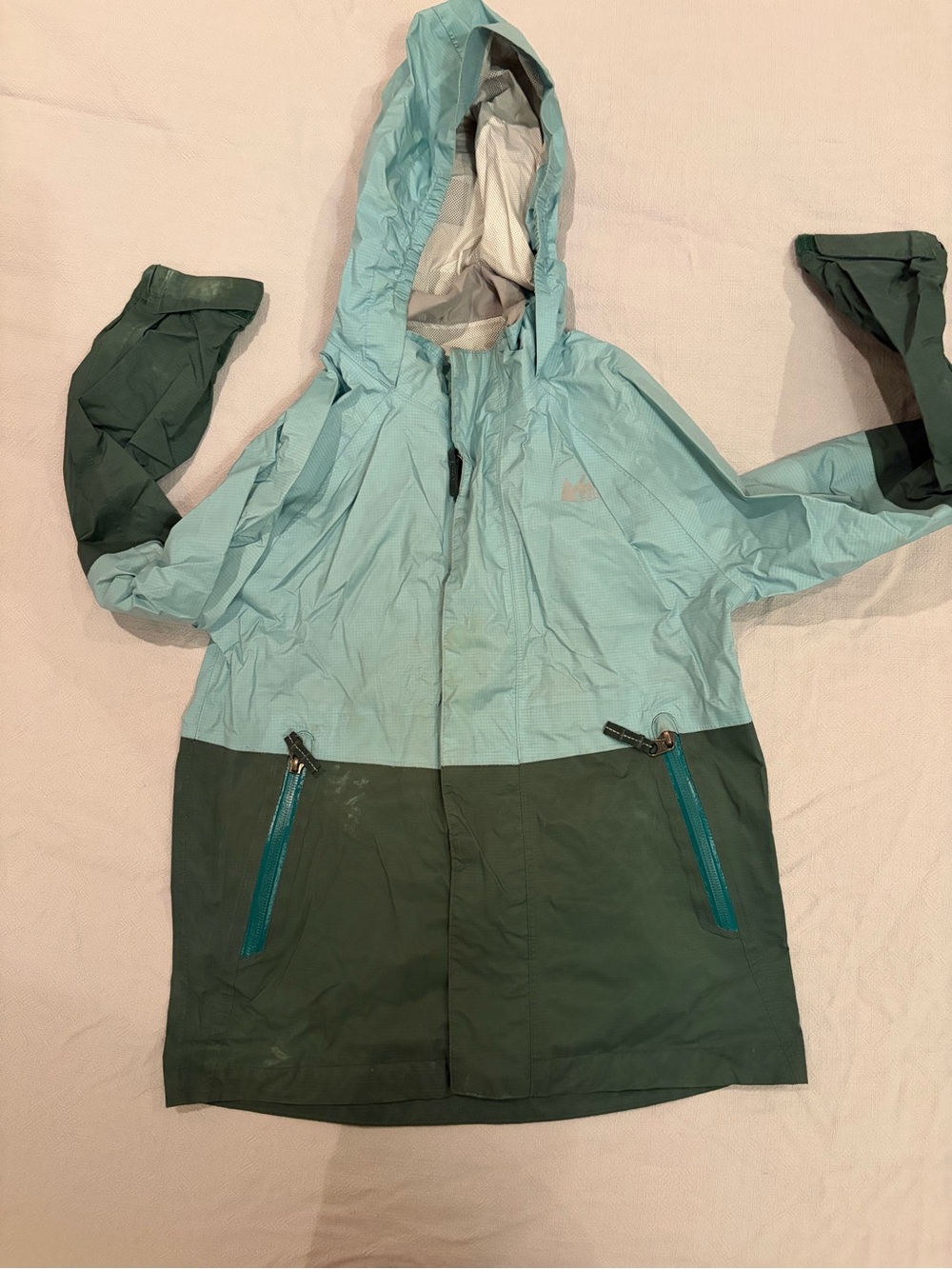 REI Light Teal and Gray Hooded Shell Jacket